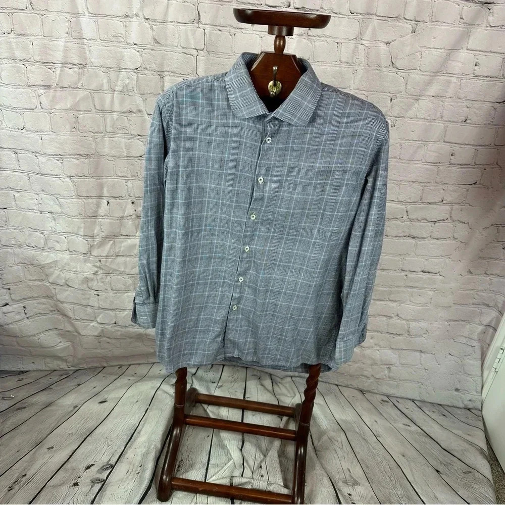 Tattersall london cotton dress shirt 17 32/33 XL navy blue grey plaid preppy